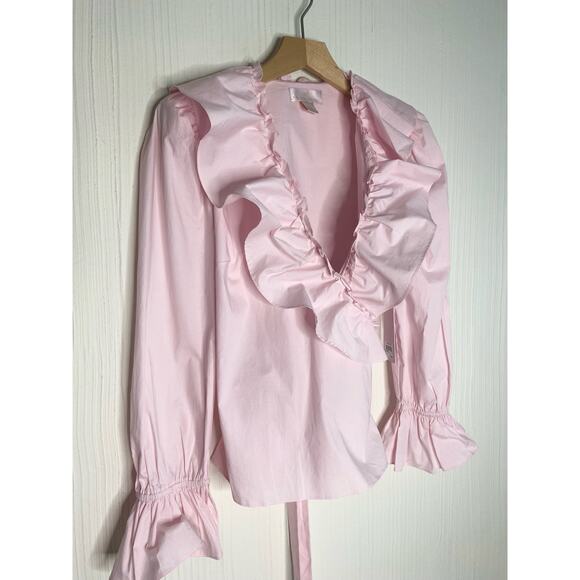 RACHEL PARCELL Blush Pink Ruffled Long Sleeve Wrap Blouse US SMALL NWT - Picture 4 of 16
